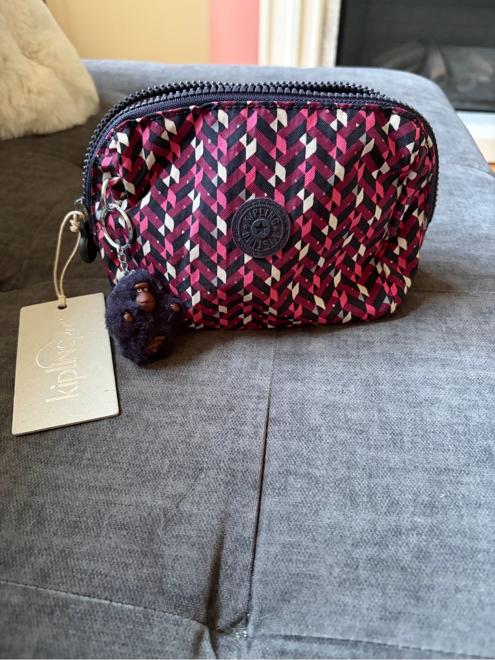 KIPLING Pink Chevron Cosmetics Pouch with Mirror NWT